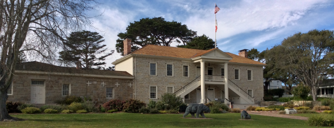 Colton Hall in all its splendor. Note the bear statues on the lawn.