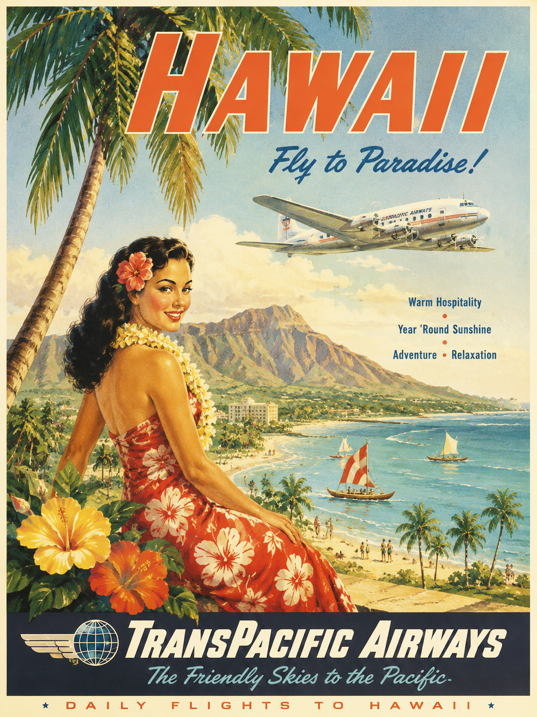 3 Simulated Poster Promoting Hawaiian Travel, Circa 1948. AI Generated
