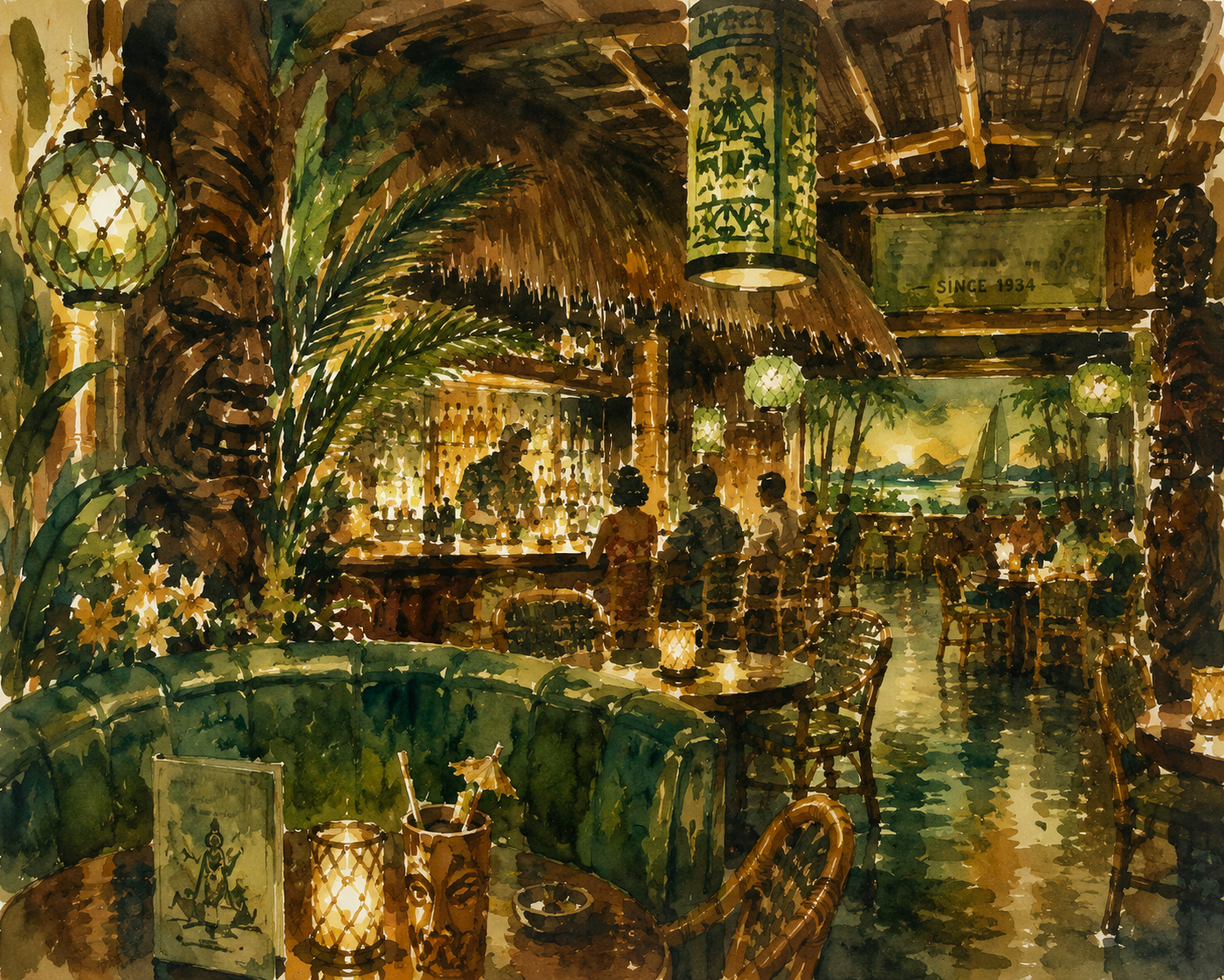 2 Typical First Wave Tiki Bar, Circa 1935. AI Generated